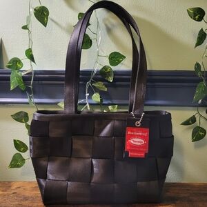 Harveys Original Black Seatbelt Shoulder Bag 11.5"x13.25" EUC Silver Hardware